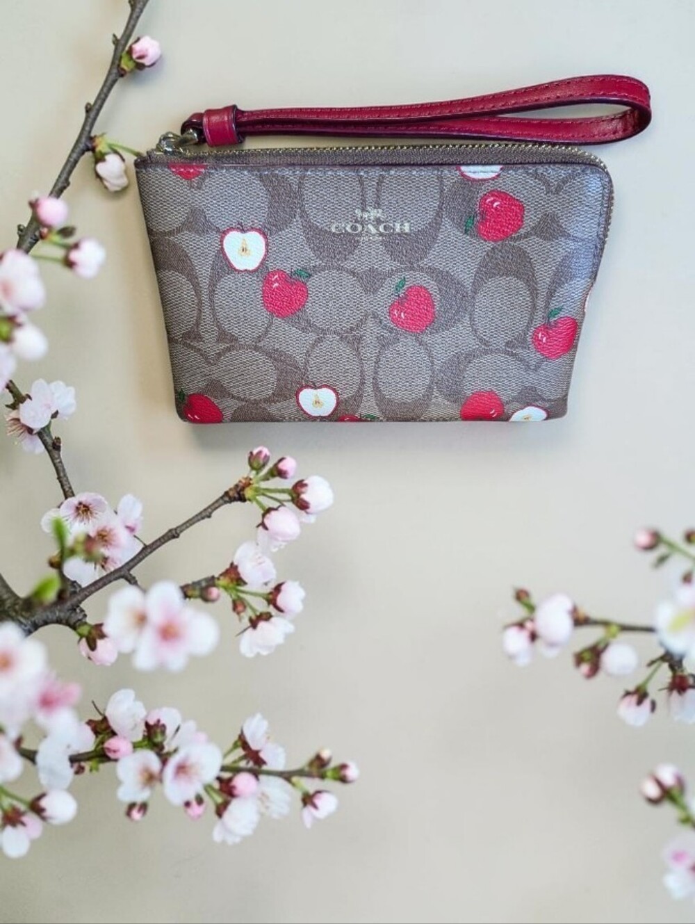 Coach Cherry Print Signature Wristlet in Brown with Red Accents